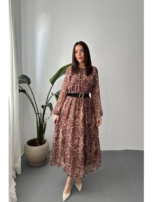 Moda Days Kadın Kahverengi Şifon Çiçek Desenli Fırfırlı Uzun Kollu Kloş Maxi Elbise