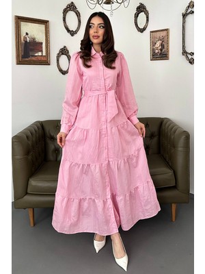 Moda Days Kadın Pembe Maxi Gömlek Yaka Kuşaklı Çizgili Düğmeli Katlı Elbise