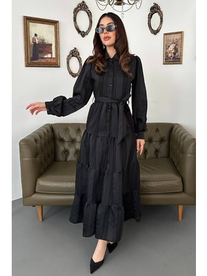 Moda Days Kadın Siyah Maxi Gömlek Yaka Kuşaklı Çizgili Düğmeli Katlı Elbise