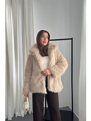 Moda Days Kadın Bej Suni Kürk Ceket Kürklü Yaka Uzun Kol Dokulu Kışlık