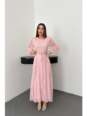Moda Days Kadın Pembe Şifon Maxi Elbise Bisiklet Yaka Kemerli Fırfırlı Uzun Balon Kollu