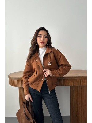 Moda Days Kadın Camel Dik Yakalı Kısa Süet Görünümlü Çıtçıtlı Cep Detaylı Ceket