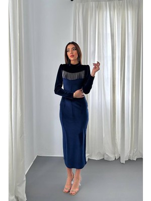 Moda Days Kadın Lacivert Elbise Kadife Taş Püskül Detaylı Dik Yaka Uzun Kollu Midi Bodycon