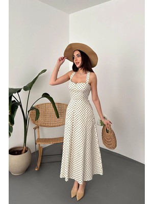 Moda Days Kadın Ekru Puantiyeli Askılı Kare Yaka Düğmeli Cepli Maxi Elbise