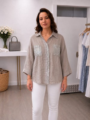 Mare Butik Pul Payet Cepli Saf Keten Gömlek Vizon