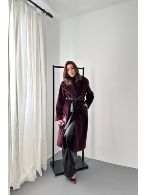 Moda Days Kadın Bordo Uzun Leopar Desenli Deri Kuşaklı Klasik Yaka Kaban