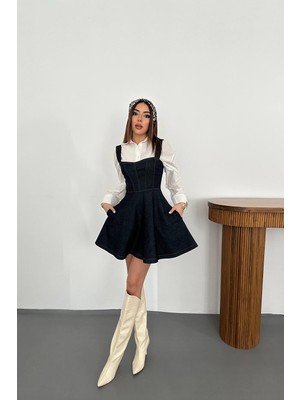 Moda Days Kadın Mavi Askılı Denim Mini Elbise Kare Yaka Cepli Dikiş Detaylı A Kesim