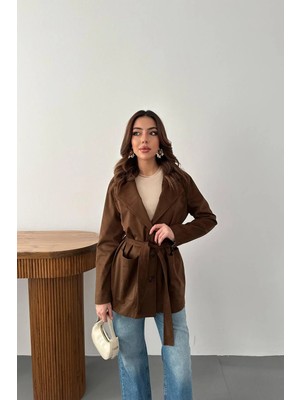 Moda Days Kadın Camel Ceket Yaka Süet Görünümlü Kuşaklı Düğmeli Cepli Normal Boy Ceket