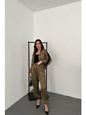 Moda Days Kadın Mint Saten Eşofman Takımı Kadife Şeritli Fermuarlı Dik Yaka Lastik Paçalı