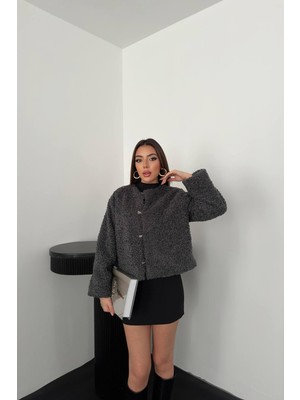 Moda Days Kadın Füme Peluş Kısa Ceket Yuvarlak Yaka Kancalı Uzun Kollu Dokulu