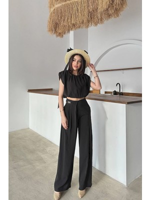 Moda Days Kadın Siyah Bluz Pantolon Takım Modal Crop Bluz Yüksek Bel Geniş Paça Pantolonlu Ikili Takım