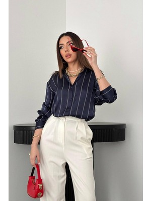Moda Days Kadın Lacivert Çizgili Saten Gömlek Uzun Kollu Düğmeli Gömlek Yaka Dokuma