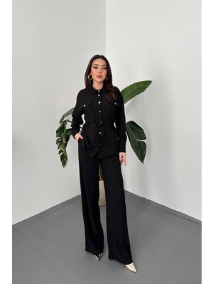 Moda Days Kadın Siyah Gömlek Pantolon Takım Düğmeli Bağcıklı Cepli Nervürlü Geniş Paça