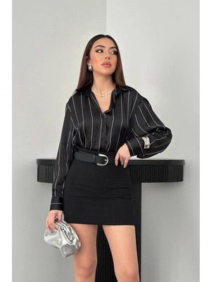 Moda Days Kadın Siyah Çizgili Saten Gömlek Uzun Kollu Düğmeli Gömlek Yaka Dokuma