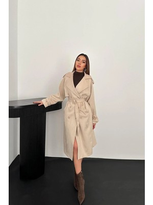 Moda Days Kadın Bej Süet Trençkot Reglan Kol Kruvaze Kemerli Midi Astarlı