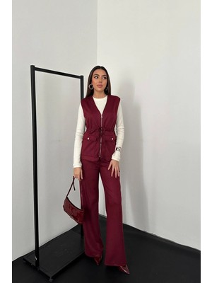 Moda Days Kadın Bordo Süet Yelek Pantolon Takım Fermuarlı Bağcıklı Cepli Geniş Paça