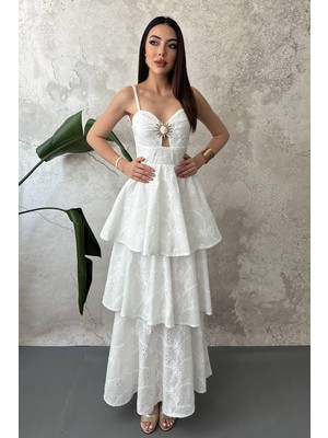 Moda Days Kadın Ekru Askılı Kalp Yaka Göğüs Tokalı Brodeli Katlı Maxi Elbise