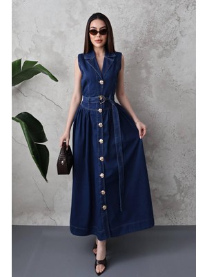 Moda Days Kadın Mavi Uzun Denim Elbise Kemerli Düğmeli Ceket Yaka Kolsuz Kloş