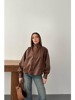 Moda Days Kadın Kahverengi Suni Deri Dik Yaka Düğmeli Cepli Balon Kollu Kısa Ceket