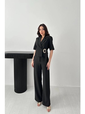 Moda Days Kadın Siyah Ceket-Pantolon Takım Tokalı Ceket Pantolon Takım Kısa Kollu Ceket Yaka Geniş Paça Dokuma
