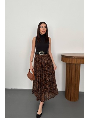Moda Days Kadın Siyah Kemerli Leopar Desenli Yarım Balıkçı Yaka Kolsuz Maxi Elbise