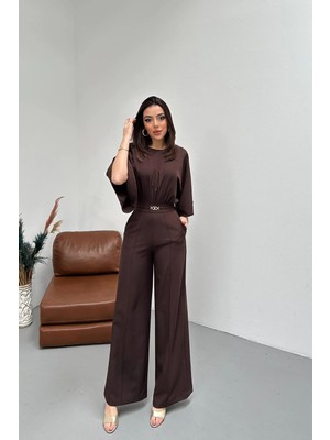 Moda Days Kadın Kahverengi Tulum Yarasa Kol Bel Büzgülü Kemer Aksesuarlı Geniş Paça Uzun