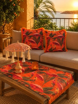 Missidea Flamingo Tropical El Yapımı Ledsiz  Bali Şemsiyesi Seti (Ledsiz Şemsiye+Runner ve 2\'li Kırlent Kılıfı)