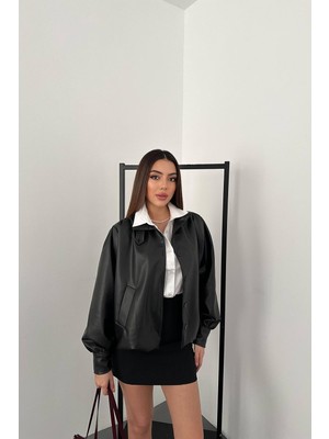 Moda Days Kadın Siyah Suni Deri Dik Yaka Düğmeli Cepli Balon Kollu Kısa Ceket