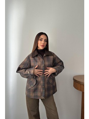 Moda Days Kadın Kahverengi Ekose Garnili Gömlek Yaka Astarlı Fermuarlı Cepli Oversize Ceket
