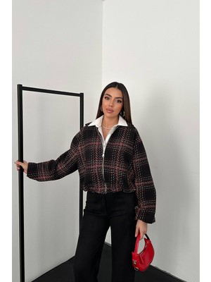 Moda Days Kadın Siyah Ekoseli Fermuarlı Crop Ceket Gömlek Yaka Düşük Omuz Uzun Kol