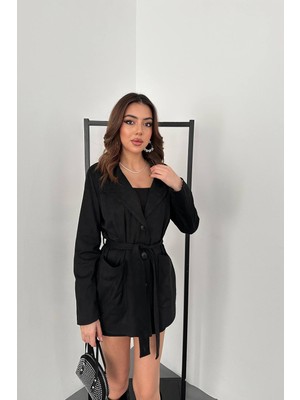 Moda Days Kadın Siyah Ceket Yaka Süet Görünümlü Kuşaklı Düğmeli Cepli Normal Boy Ceket