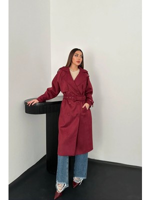 Moda Days Kadın Bordo Süet Trençkot Reglan Kol Kruvaze Kemerli Midi Astarlı