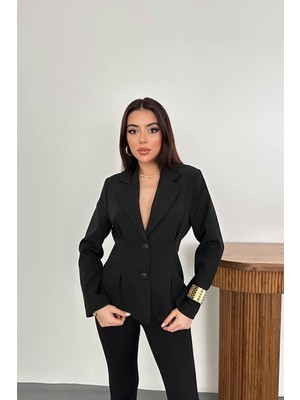 Moda Days Kadın Siyah Blazer Ceket 2 Düğmeli Pileli Astarlı Klasik Yaka