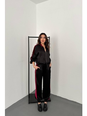 Moda Days Kadın Siyah Saten Eşofman Takımı Kadife Şeritli Fermuarlı Dik Yaka Lastik Paçalı
