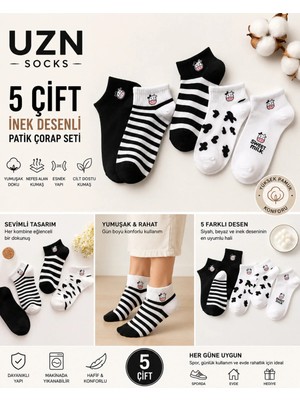 Uzn Socks 5'li Paket Sevimli Inek Figürlü Soket Çorap Seti - Siyah Beyaz Desenli Pamuklu Kadın
