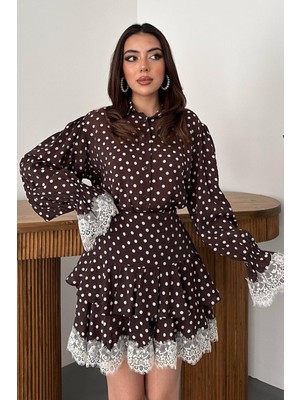 Moda Days Kadın Kahverengi Etekli Takım Puantiyeli Dantel Detaylı Balon Kollu Volanlı Mini