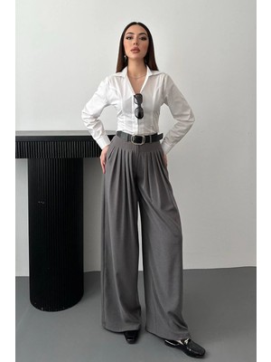 Moda Days Kadın Gri Pileli Yüksek Bel Geniş Paça Dokuma Palazzo Pantolon