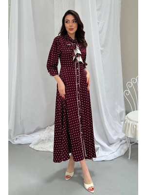 Moda Days Kadın Bordo Midi Elbise Bebe Yaka Puantiyeli Fırfır Detaylı Düğmeli 3/4 Kollu