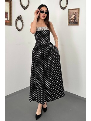 Moda Days Kadın Siyah Puantiyeli Dantelli Ince Askılı Kare Yaka Cepli Kloş Maxi Elbise