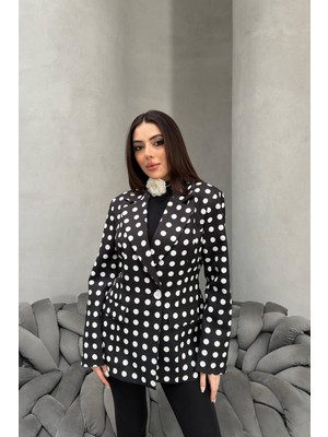 Moda Days Kadın Siyah Puantiyeli Kruvaze Blazer Ceket Ceket Yaka Uzun Kollu Astarlı Dokuma