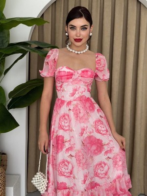Moda Days Kadın Kirmizi Çiçek Desenli Kare Yaka Balon Kollu Beli Oturan Fırfırlı Midi Elbise
