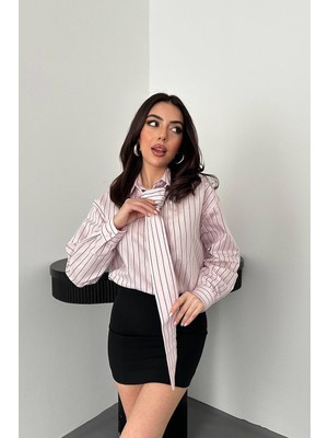 Moda Days Kadın Pembe Gömlek Boyundan Bağlamalı Çizgili Uzun Kollu Düğmeli Dokuma