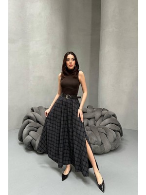 Moda Days Kadın Siyah Maxi Etek Ekose Yüksek Bel Kemer Görünümlü Yırtmaçlı Dokuma