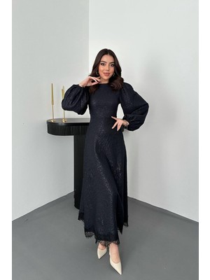 Moda Days Kadın Lacivert Uzun Elbise Kabartmalı Dokulu Dantel Etek Uçlu Kemerli Balon Kollu