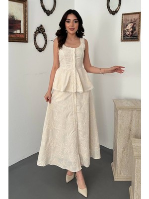 Moda Days Kadın Bej Bluz Etek Takım Brodeli Dantelli Peplum Detaylı Düğmeli Uzun
