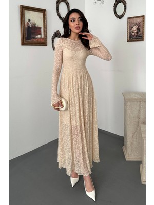 Moda Days Kadın Ekru Uzun Kollu Astarlı Dantel Maxi Elbise Bisiklet Yaka Kloş Etek