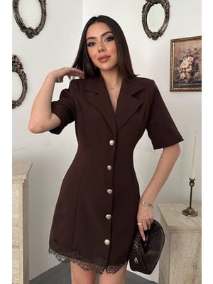 Moda Days Kadın Kahverengi Dantel Etek Uçlu Gold Düğmeli Ceket Yaka Mini Boy Kısa Kollu Ceket