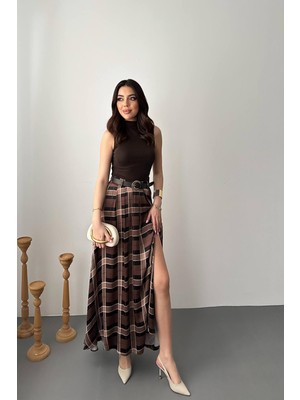 Moda Days Kadın Koyu Kahve Ekose Desenli Yüksek Bel Yırtmaçlı A Kesim Maxi Etek