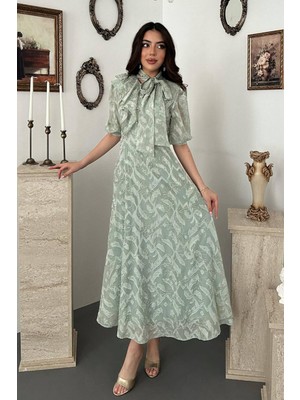 Moda Days Kadın Mint Fiyonklu Fular Yakalı Balon Kollu Astarlı Çiçek Desenli Midi Elbise