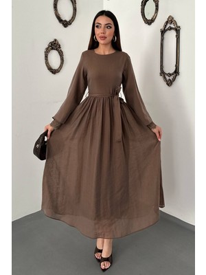 Moda Days Kadın Kahverengi Uzun Kollu Dantel Manşetli Kuşaklı A Kesim Maxi Elbise